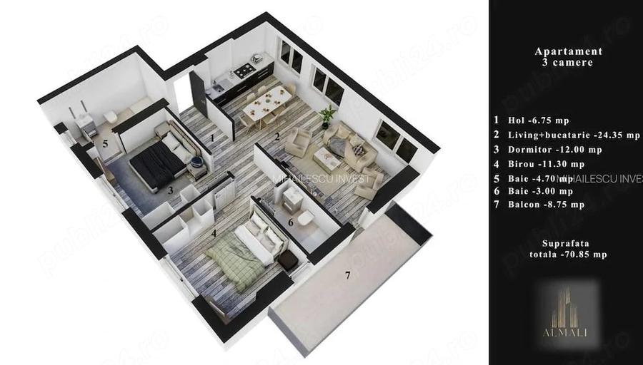 Apartament cu 3 camere decomandat în Unirii