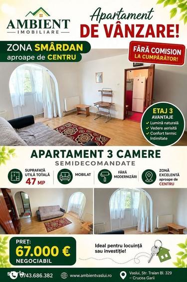 Apartament cu 3 camere, etaj 3, mobilat si utilat, VASLUI - zona SMARD - 1