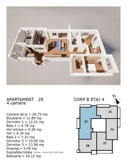 Apartament cu 3 camere semidecomandat în Central
