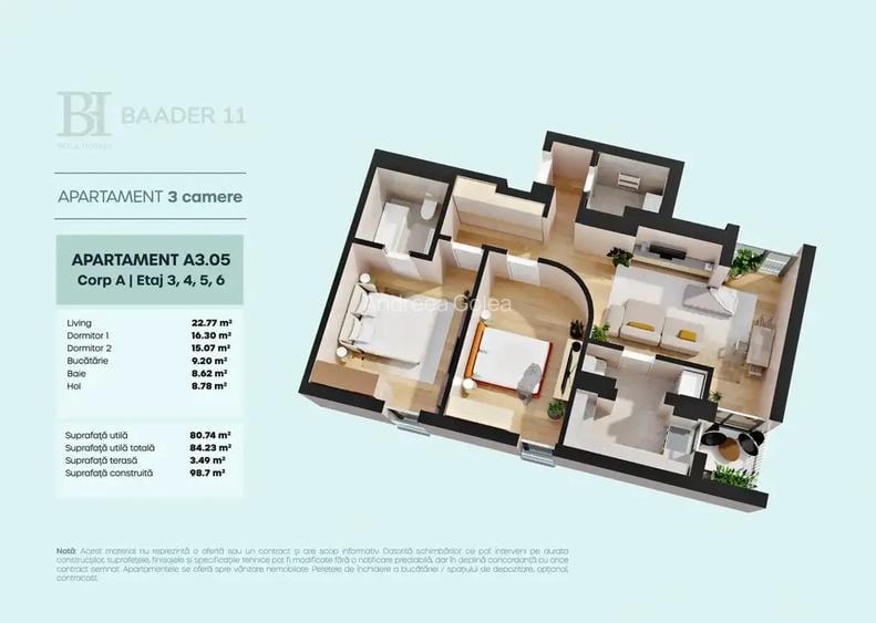 Apartament cu 3 camere si terasa generoasa Apartament cu 3 camere si terasa generoasa