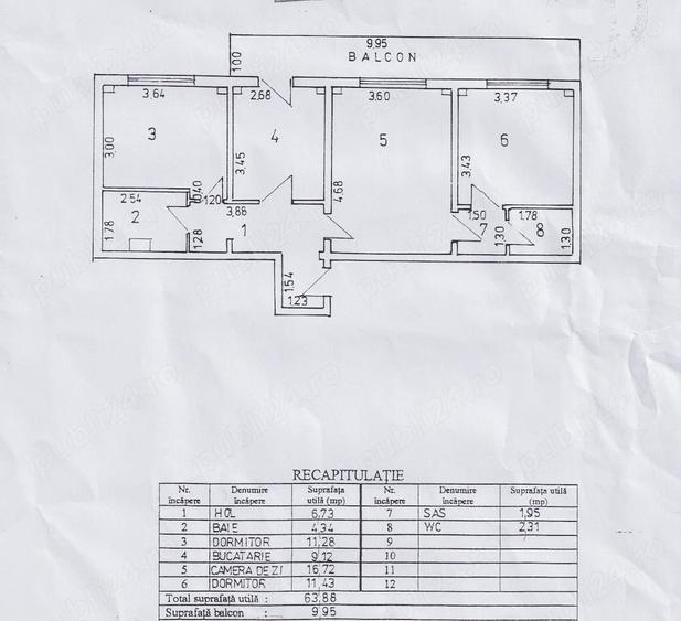 Apartament cu 3 camere semidecomandat în Plantelor