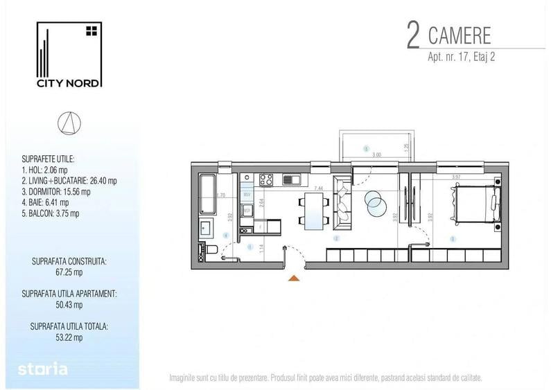 Apartament 2 camere 53 mp, eficient compartimentat, Etaj 2, - 1