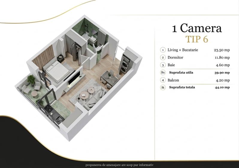 Apartament cu 2 camere în Popești-Leordeni