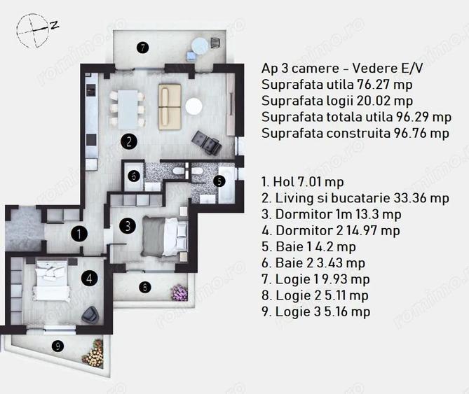 Apartament 3 camere, 97 MP, 2 BAI, 0% Comision, Doamna Ghica - H35 - 3