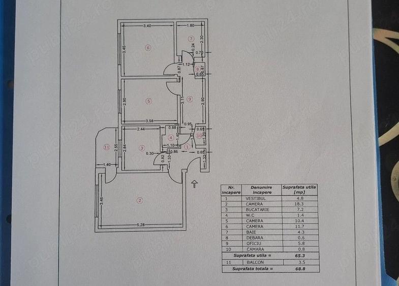 Apartament cu 3 camere decomandat, mobilat în Păcii