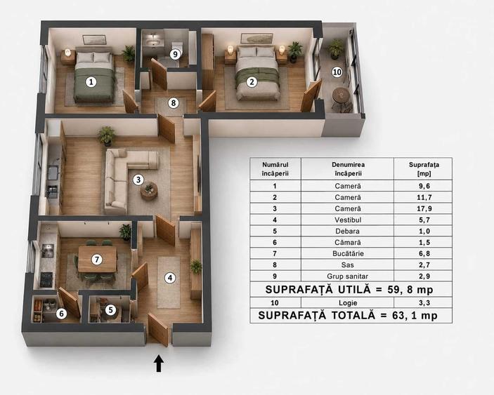 Apartament cu 3 camere semidecomandat în Valea Ialomiței
