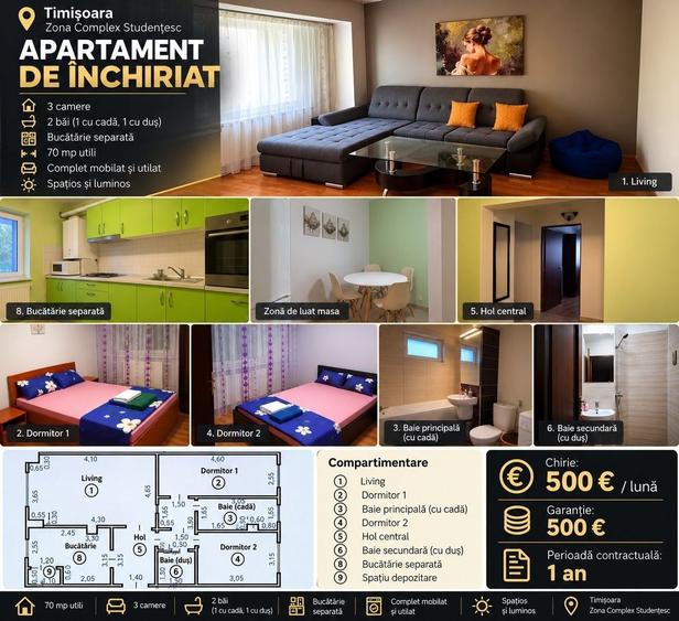Apartament cu 3 camere decomandat în Exterior Vest