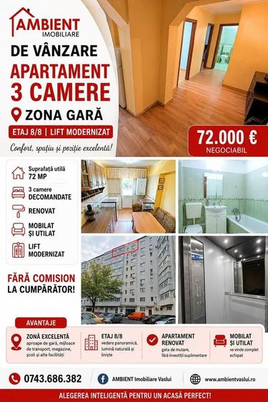 Apartament cu 3 camere decomandat, mobilat în Gară