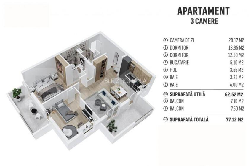 Apartament de 3 camere finisat, 62mp utili, cartier reziden?