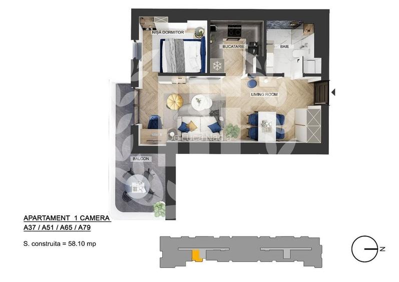 Apartament 1 camera zona de Nord - 49.38 mp utili