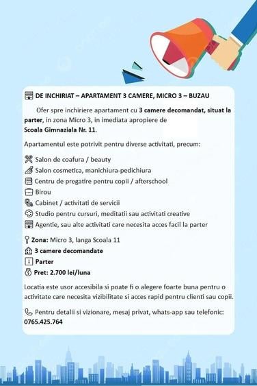Apartament cu 3 camere decomandat în Micro 3