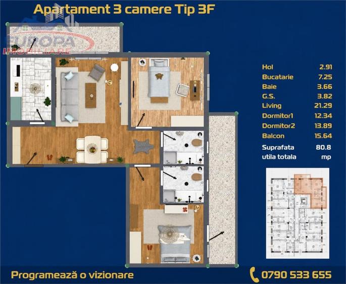 Apartament cu 3 camere decomandat în C5