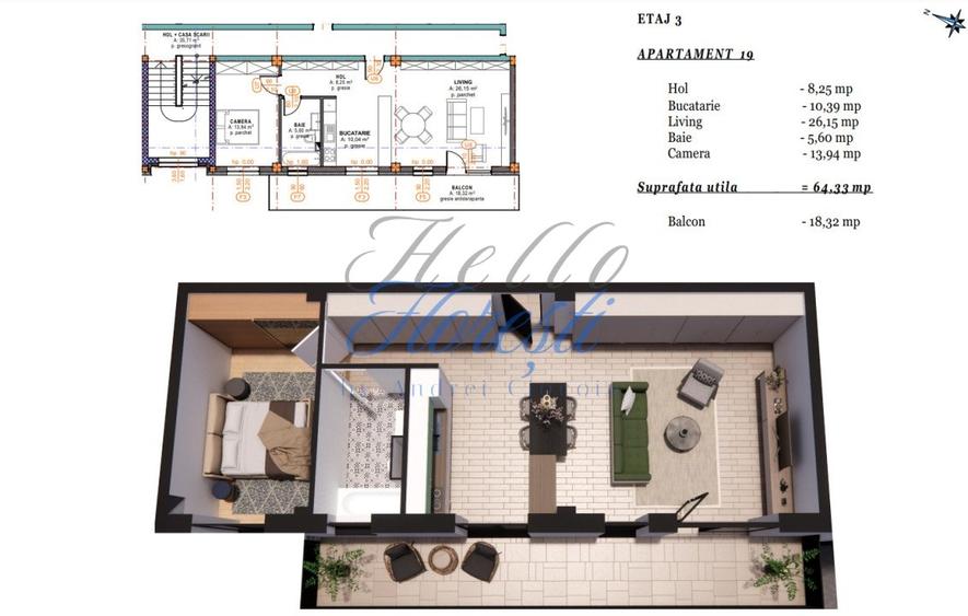 Apartament 2 camere cu terasa, semifinisat, 64 mp, zona Terra Gardens, Chinteni - 1