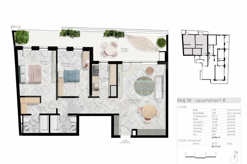 Apartament cu 3 camere, 2 bai, 88 mp, terasa 30 mp, Parcul Central - 1