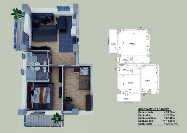 Apartament cu 3 camere decomandat în Craiovei