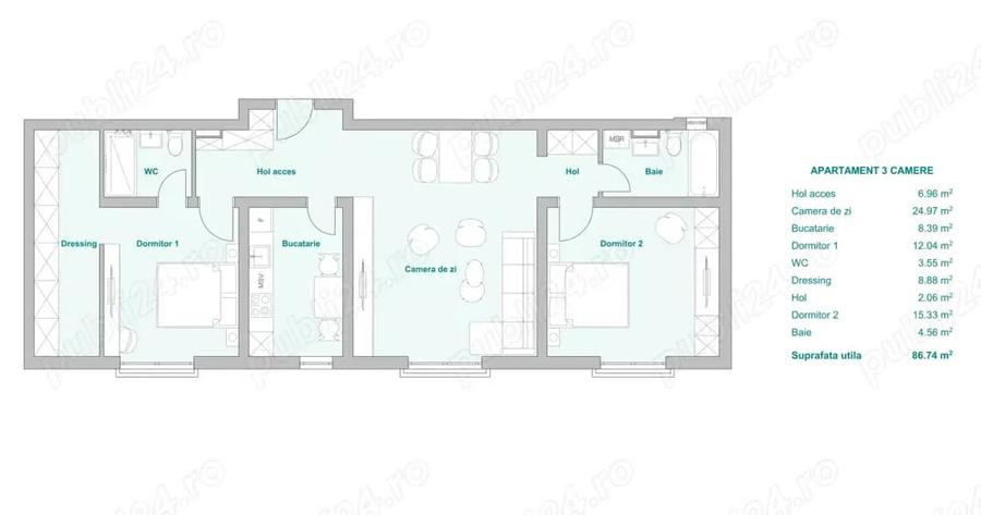 Apartament cu 3 camere decomandat în Plopi
