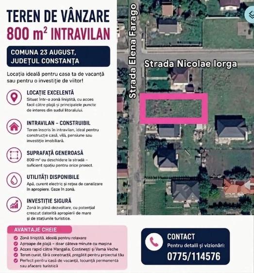 Teren Construcții intravilan de 800 mp, în 23 August