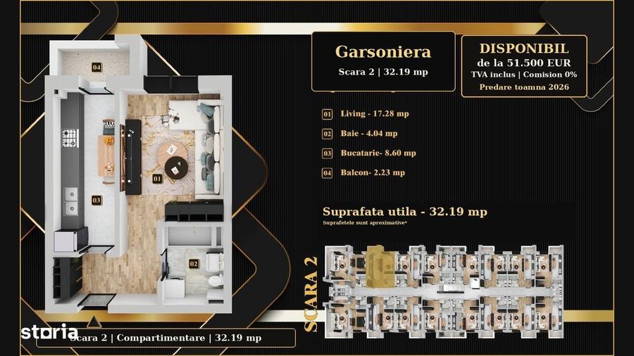 Zona linistita, Garsoniera 32,19mp, 51.500, direct dezvoltator - 2