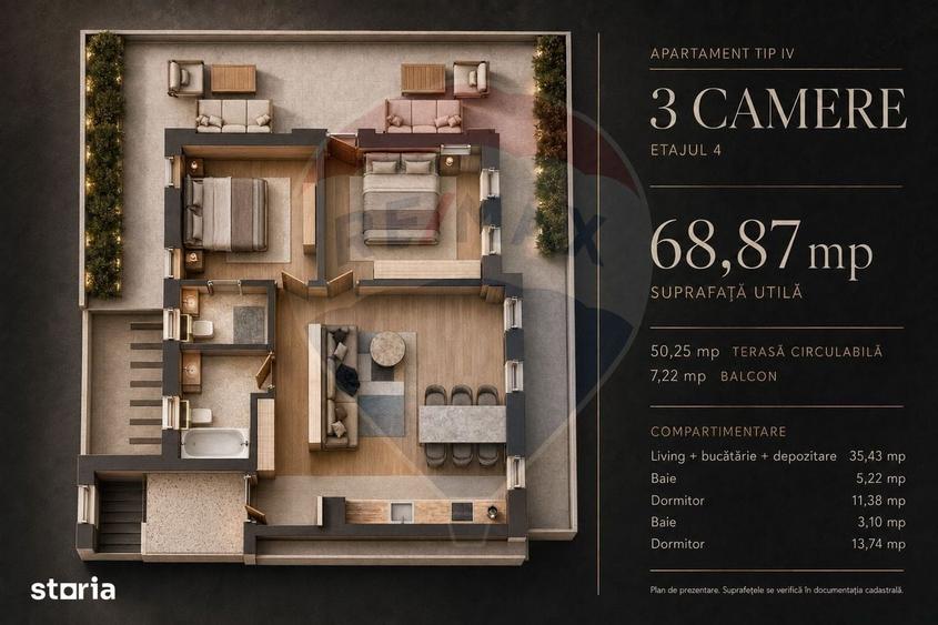 Apartament cu 3 camere decomandat în Tractorul