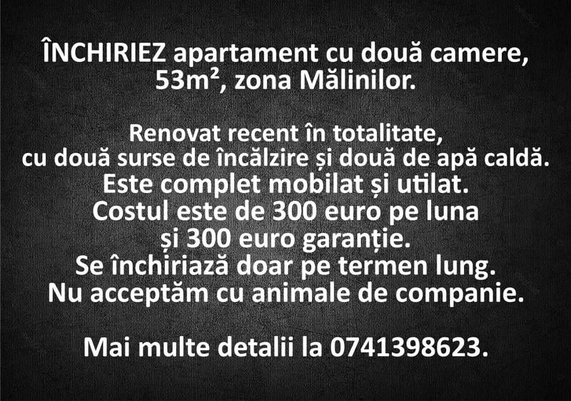 INCHIRIEZ apartament cu doua camere, 53m2, zona Malinilor. Mai multe detalii la 0741398623. - 5