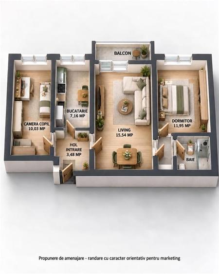 Apartament cu 3 camere semidecomandat, mobilat în Nord