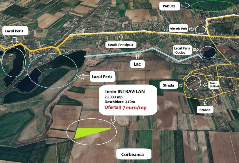 Proprietar - Teren Peris – 23.333 MP - 7 euro/mp - Deschidere 410 metri - 1