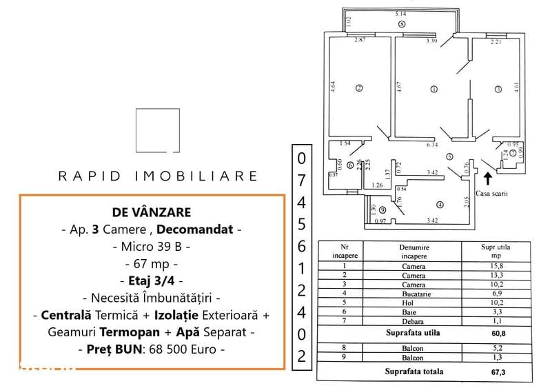 Apartament cu 3 camere decomandat în Micro 39