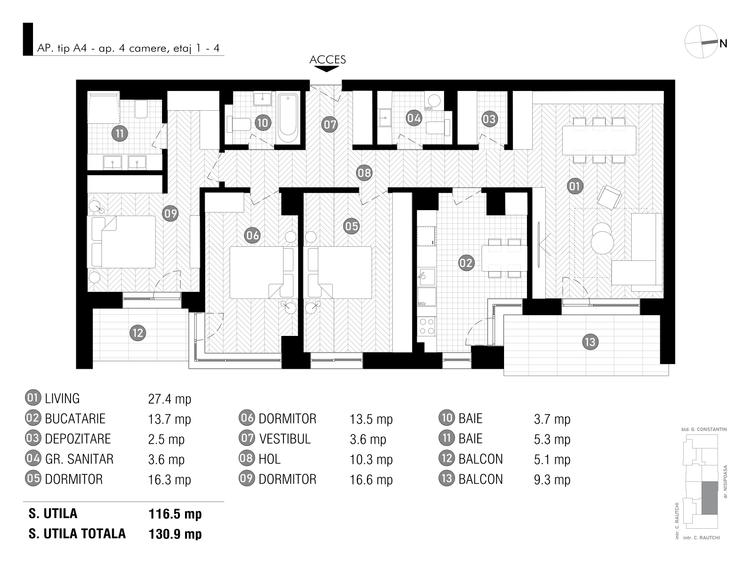 Apartament 4 camere, 3 bai, depozitare - 130,9 mp in ansamblul Antracit Coandă - 7