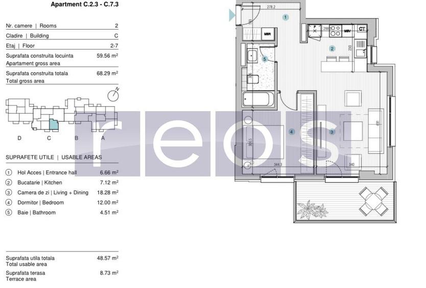 VANZARE APARTAMENT 2 CAMERE | STRAULESTI | 60MP | TERASA | COMPLEX NOU - 1