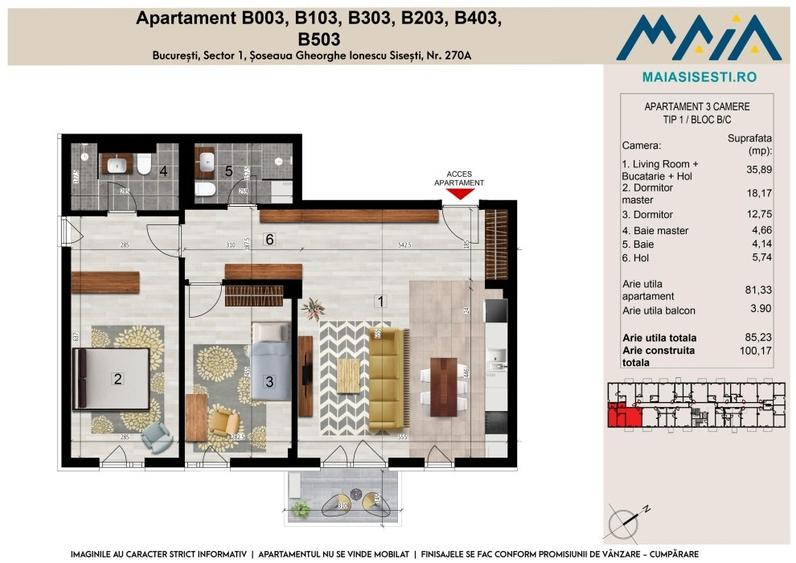 Apartament cu 3 camere decomandat în Sisești