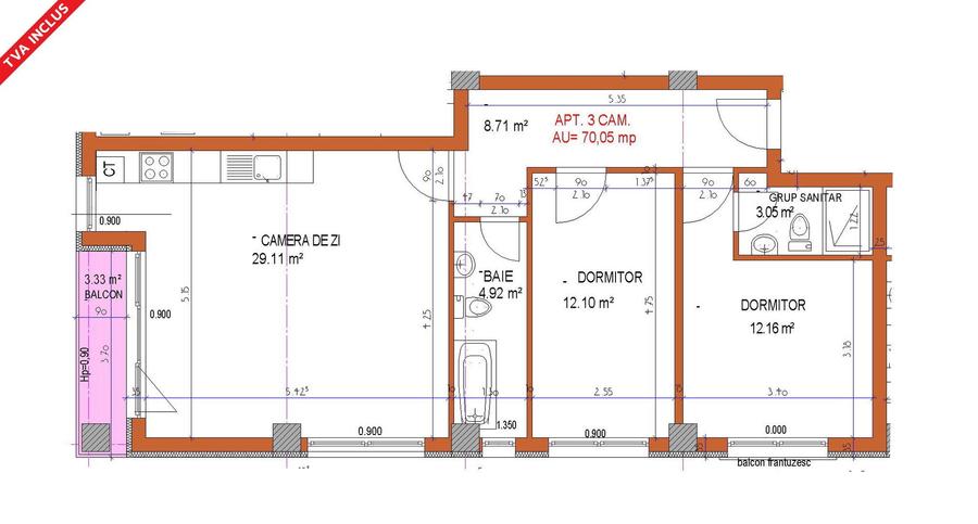 Apartament cu 3 camere decomandat în Palazu Mare