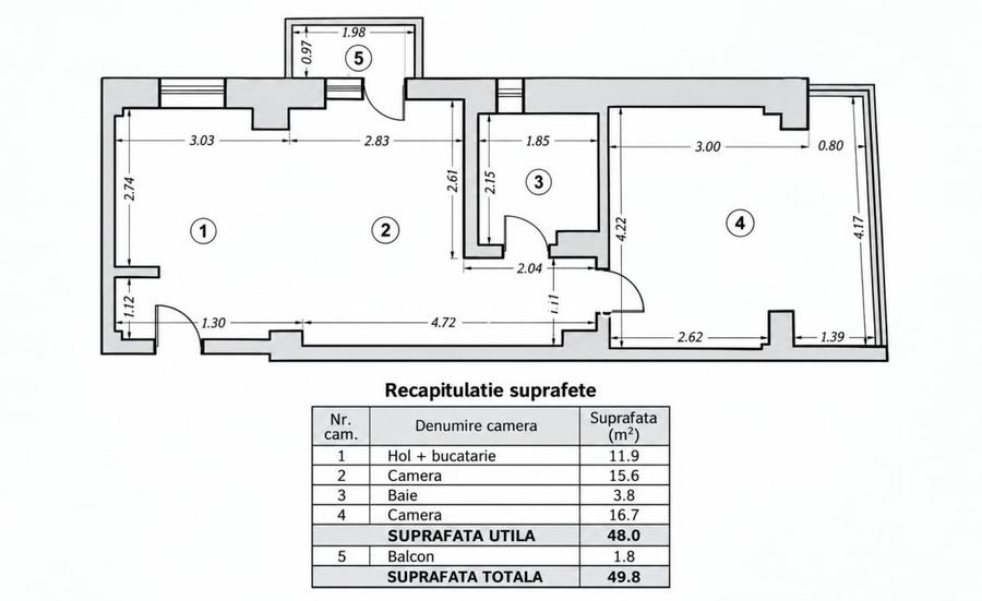 Apartament cu 2 camere, mobilat în 13 Septembrie