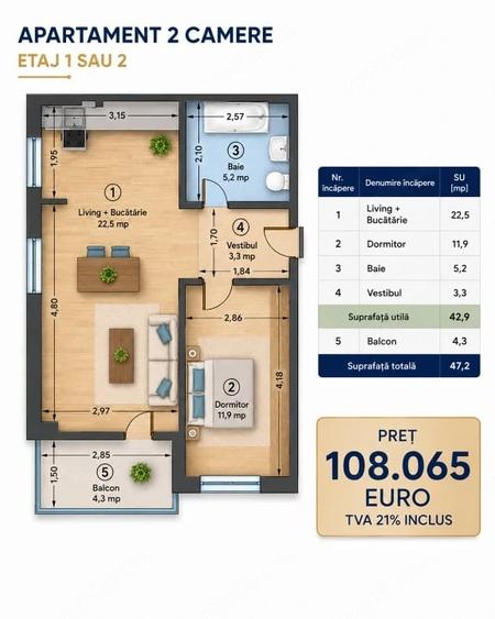 Apartament cu 2 camere decomandat în Central