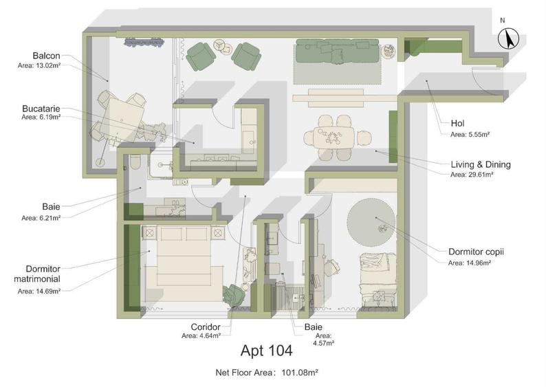 Apartament cu 3 camere semidecomandat în Exterior Vest