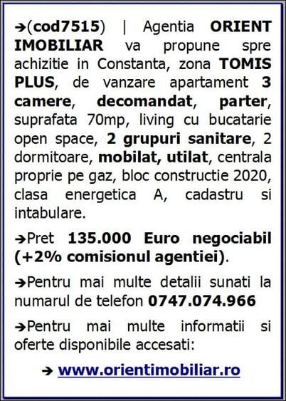 Tomis Plus, decomandat, 3 camere, parter, gaze, mobilat, Constanta - 9