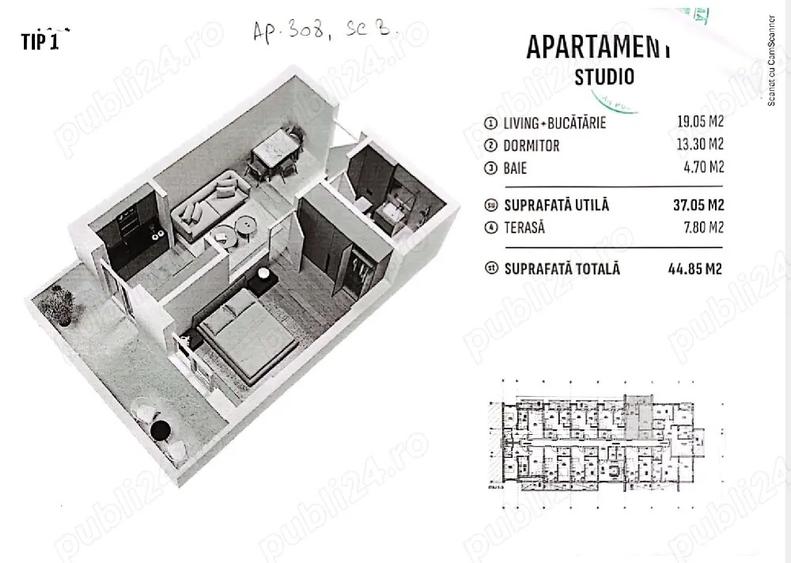 Vand sau Schimb Studio 45 m2 cu Parcare Cadastrata - 3