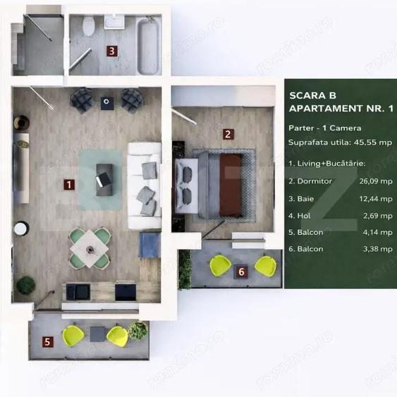 Apartament 2 camere, living cu bucatarie open space, balcon 45 mp utili - 2