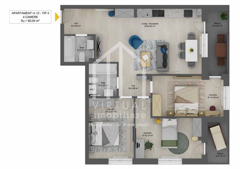 Apartament cu 4 camere 80,94 mp + balcoane |Doamna Stanca - 2