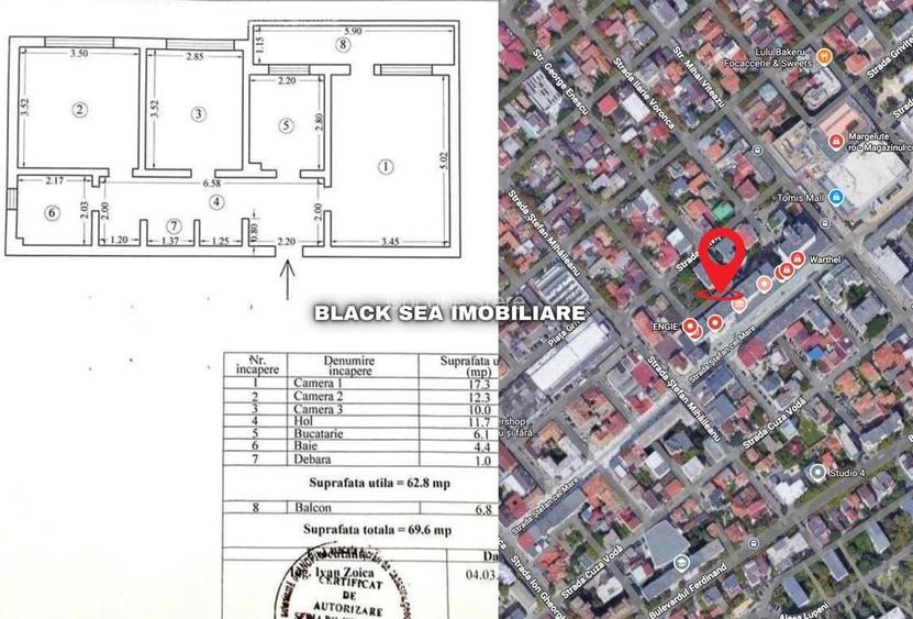 Apartament 3 camere, 70 mp, decomandat – Zona Centrală / Tomis Mall