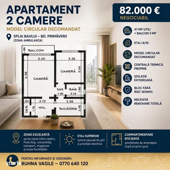 Apartament cu 2 camere decomandat în Splai Bahlui