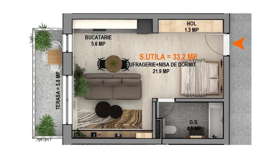 Studio  la cheie 33mp utili, balcon 6mp, Calea Surii Mici-Magnolia - 6