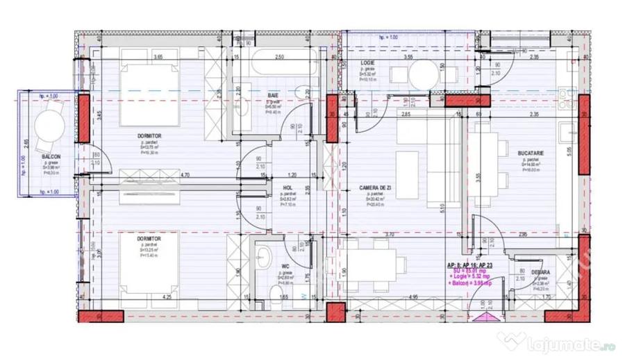 Apartament de 3 camere cu 2 bai si 2 balcoane la etajul 1 in - 5
