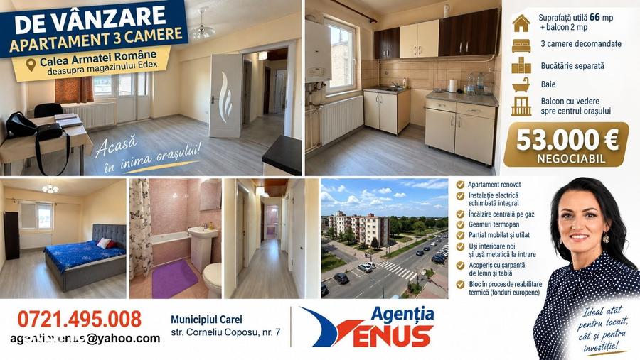 Apartament cu 3 camere decomandat în Ultracentral