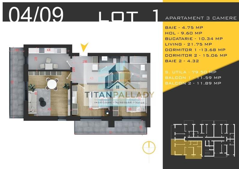 Apartament cu 3 camere în Titan