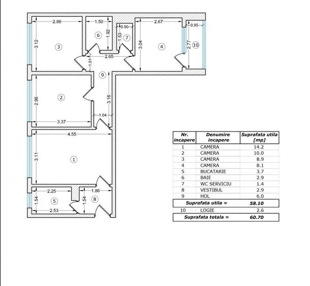 Apartament cu 4 camere semidecomandat, mobilat în Militari