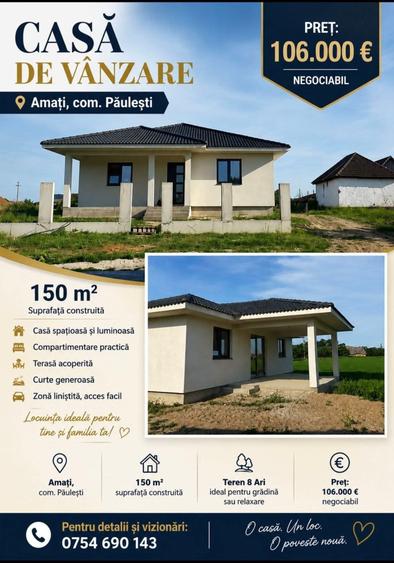 Casă cu 4 camere cu Teren 800 Mp în Amați