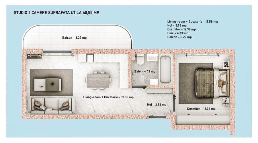 STUDIO - DORMITOR SEPARAT, 48 MP UTILI, FINALIZARE SEPTEMBRIE,COMIS 0% - 2