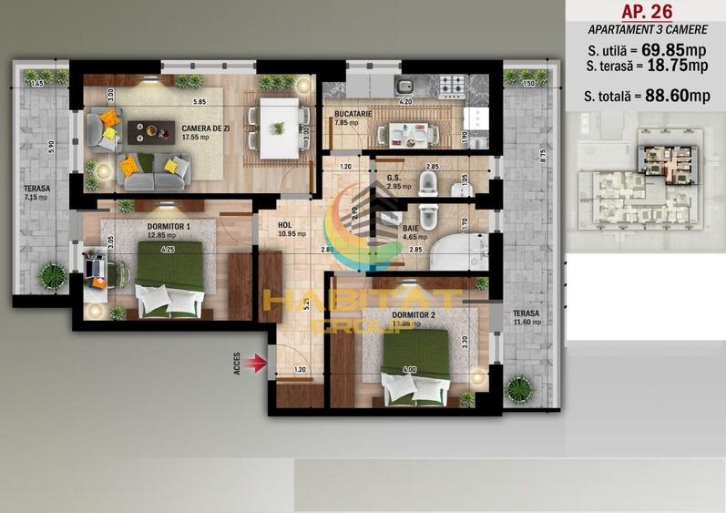 N. Grigorescu 3 camere 70 mp + terasa 19 mp ACTE GATA MUTARE - 2