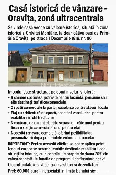 Casa istorica de vanzare-Oravi?a zona ultracentrala