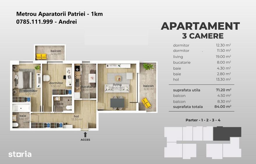 Apartament cu 3 camere în Apărătorii Patriei
